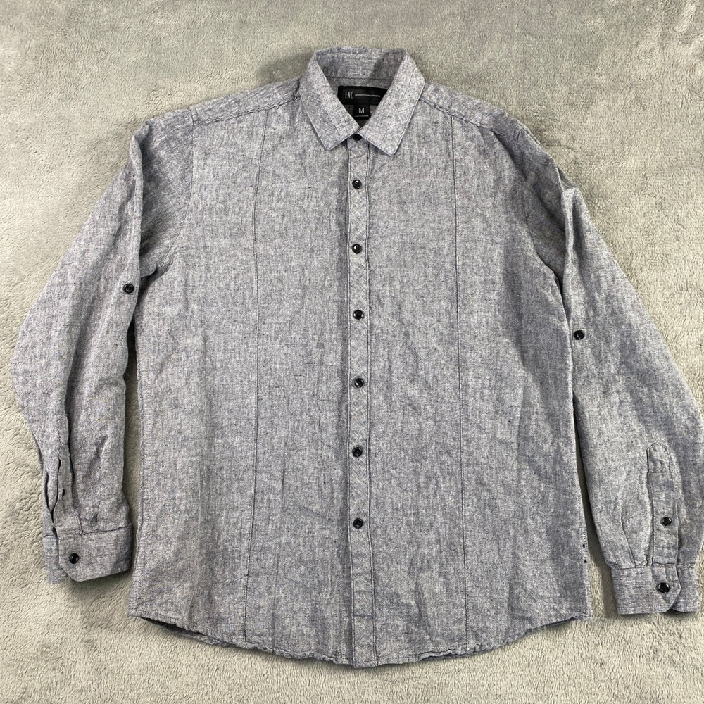 INC Mens M Button Down Shirt Gray Linen Blend Long Sleeve International Concepts